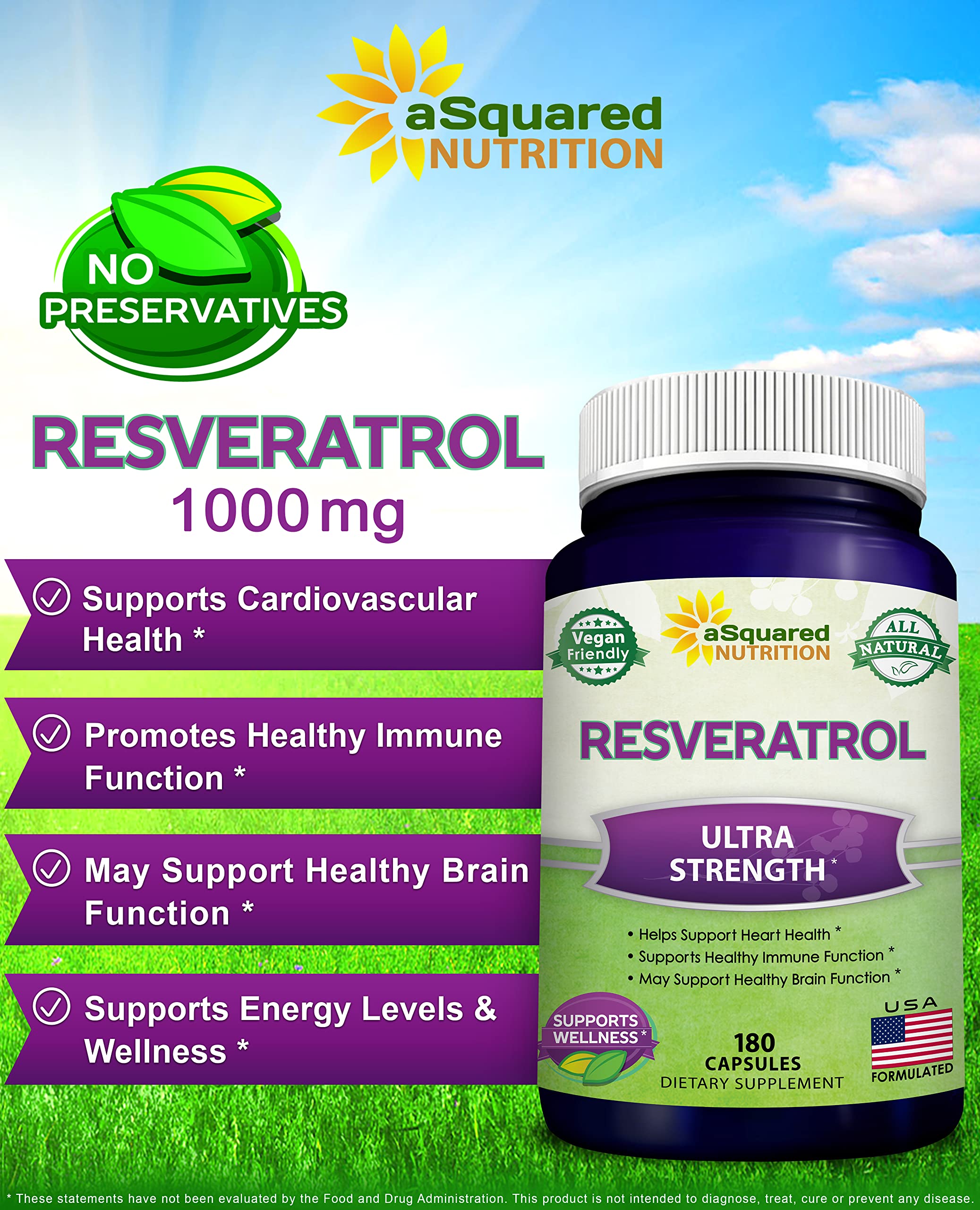 Étiquette Resveratrol aSquared Nutrition avec ingrédients naturels et formulation vegan
