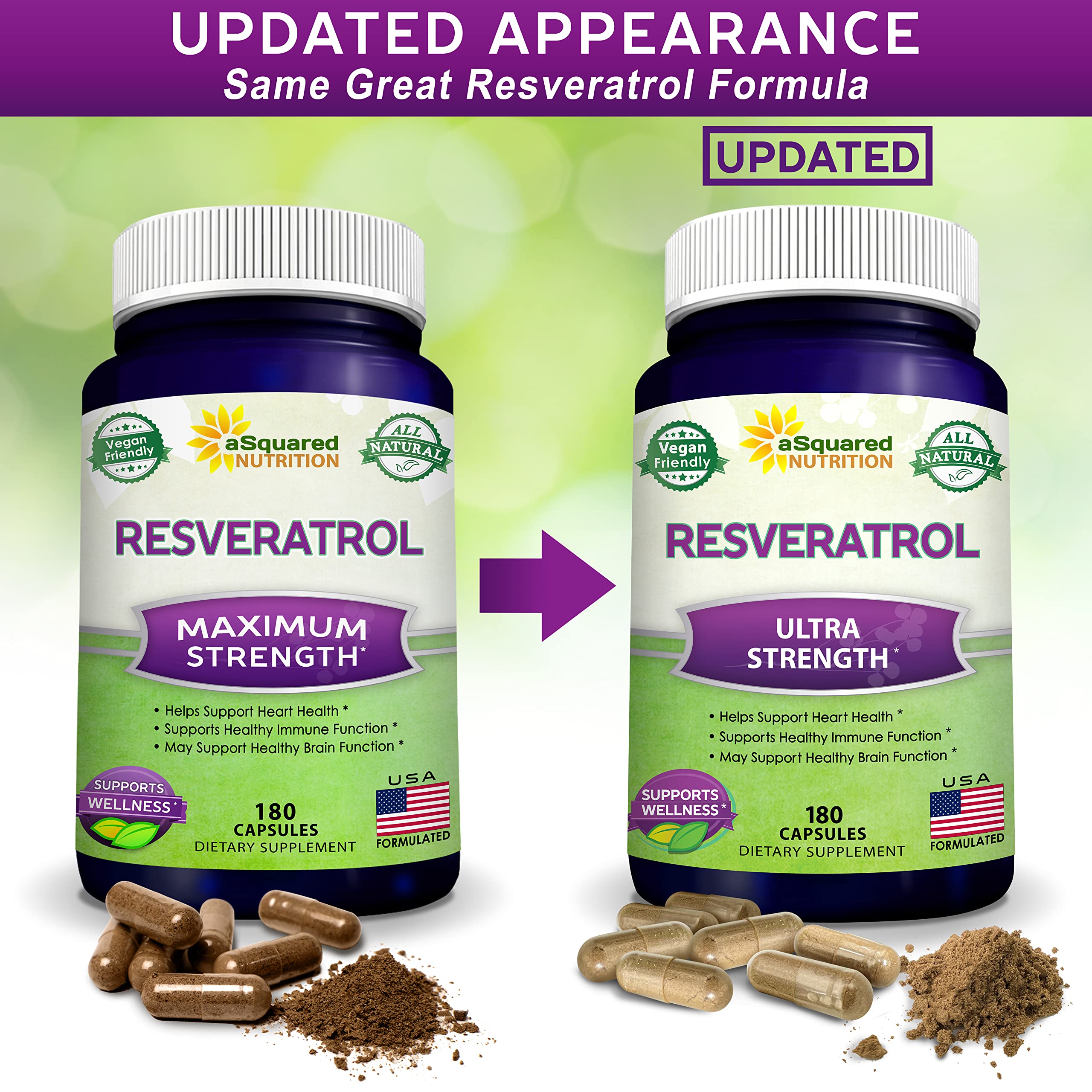 Ingrédients naturels Resveratrol aSquared Nutrition visibles sur l’étiquette