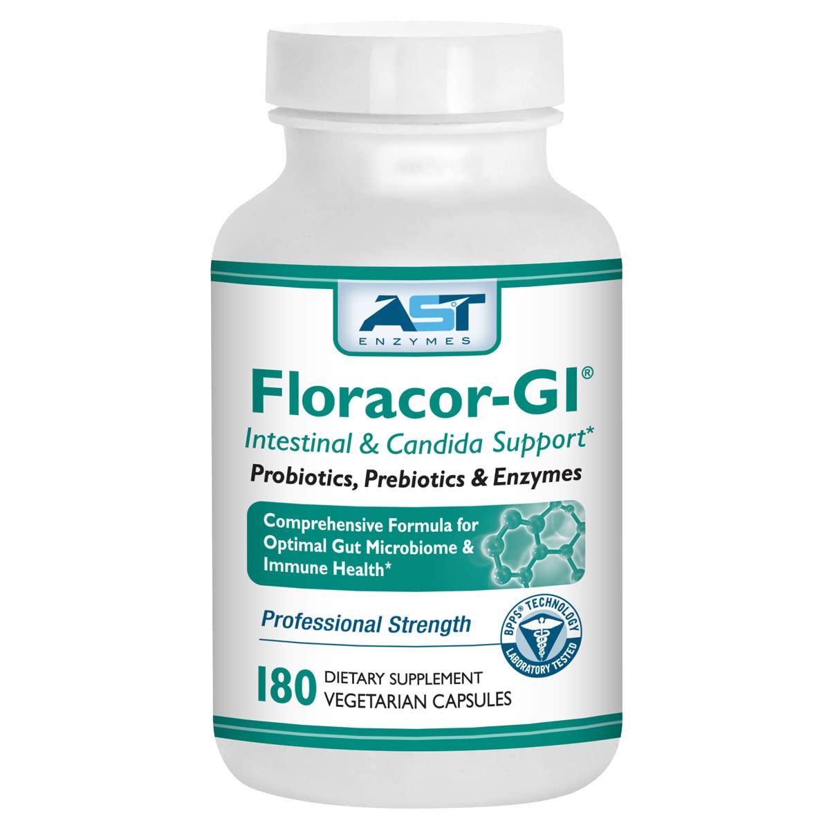 Floracor AST Enzymes: bouteille sur étagère, soutien digestif potentiel au quotidien.