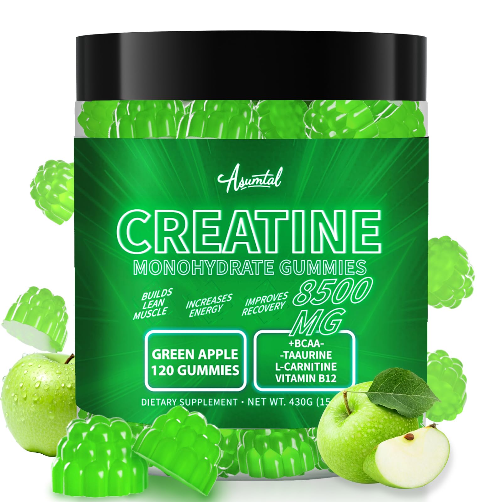 Asumtal Créatine Monohydrate, bouteille visible, énergie soutenue pendant l’entraînement.