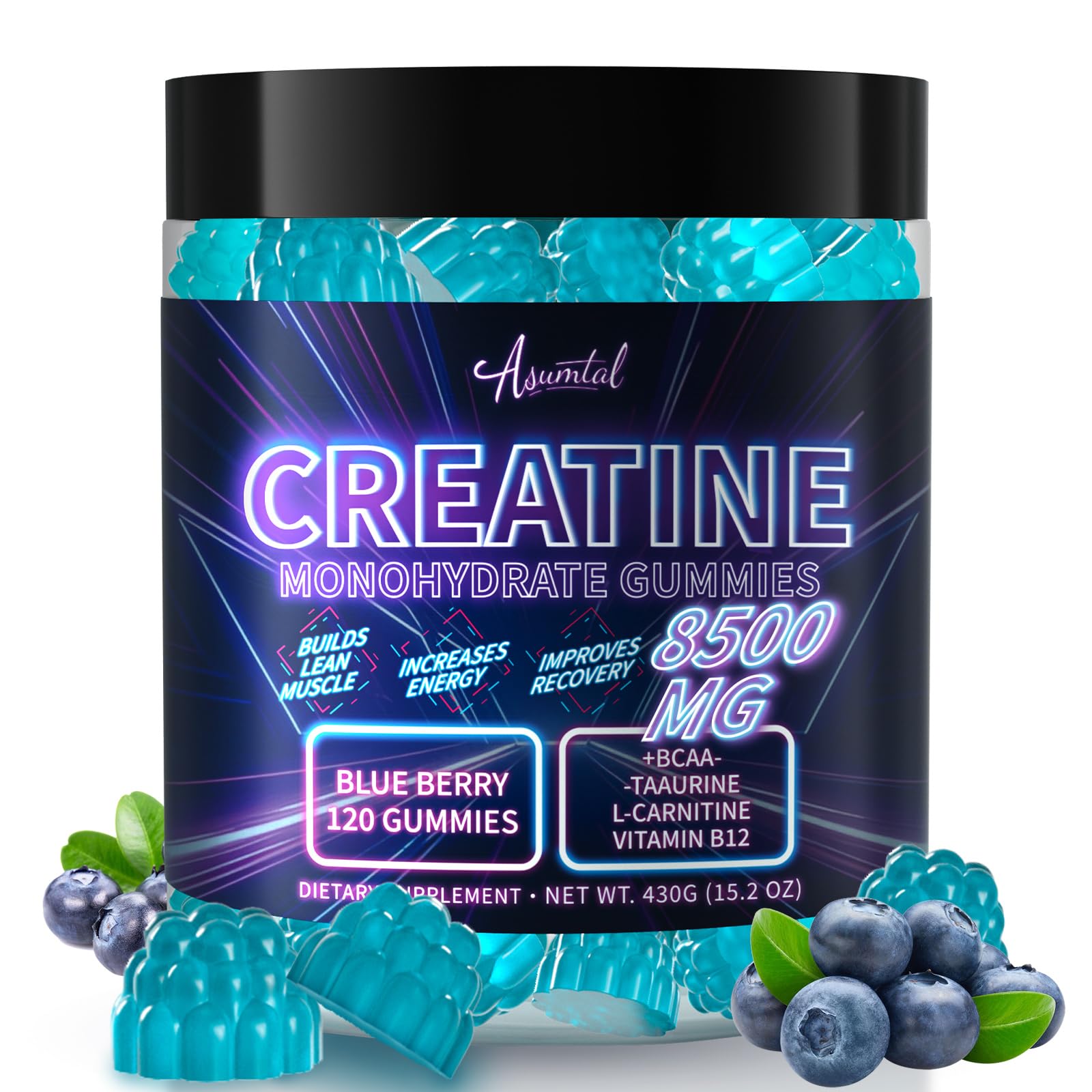 Asumtal Creatine Monohydrate Gummies — bouteille pratique pour énergie et récupération après l'entraînement