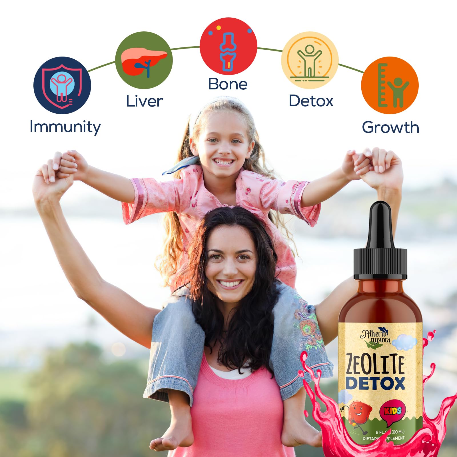 Atherionyxora Zeolite Detox contient vitamine C et zinc pour soutien quotidien.