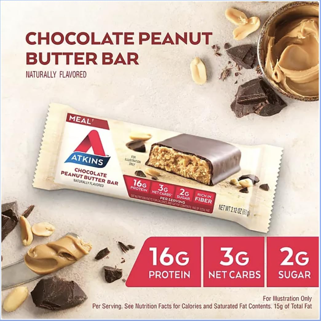 Atkins barre-repas chocolat-cacahuète, ingrédients essentiels visibles pour un en-cas équilibré.