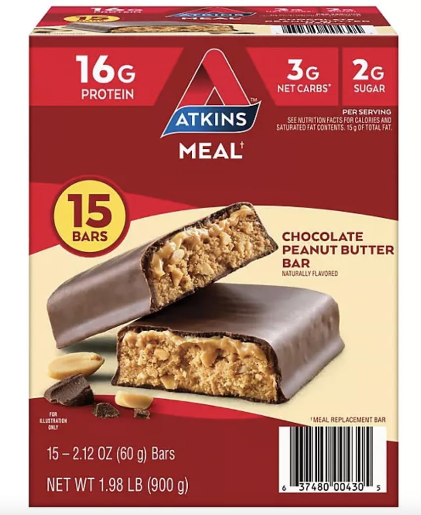Atkins barre-repas chocolat-cacahuète pack : texture riche et collation portable.