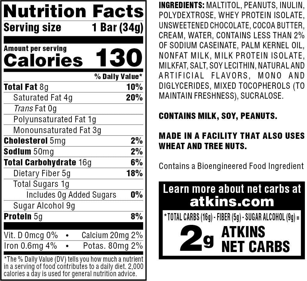 Barre Atkins Endulge Caramel et cacahuètes, enrobage chocolat, texture fondante et croquante.