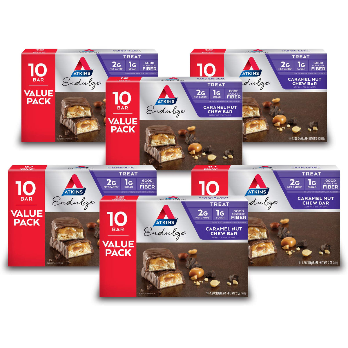 Barre Atkins Endulge Caramel et cacahuètes, photo d'emballage, idéale comme collation légère.