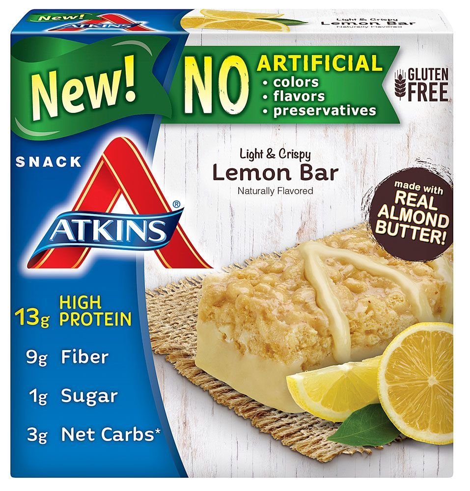Barre citron croustillante Atkins, face d emballage, pause légère et gourmande