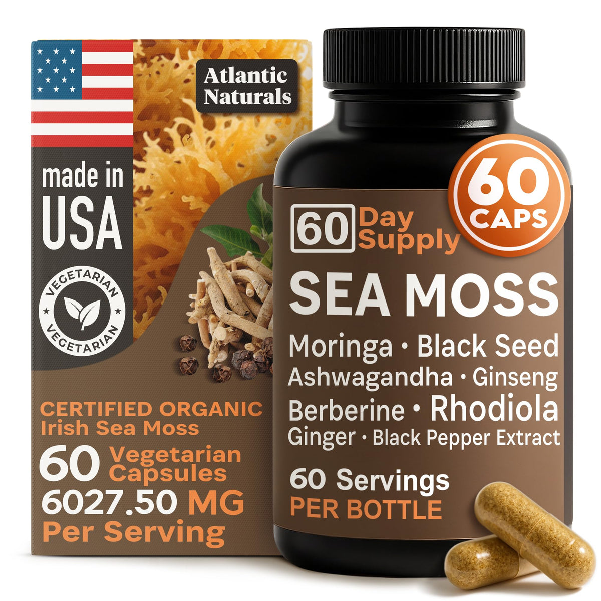 Atlantic Naturals capsules algue irlandaise dans la bouteille, énergie et bien-être.