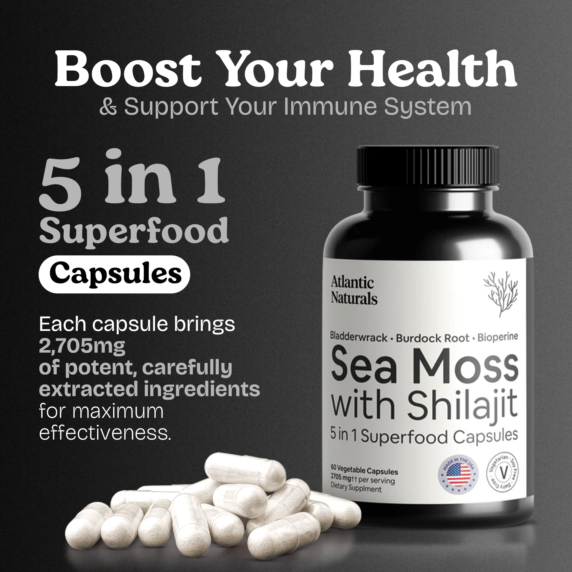 Capsules Atlantic Naturals mousse marine et shilajit, dosage pratique pour la journée.