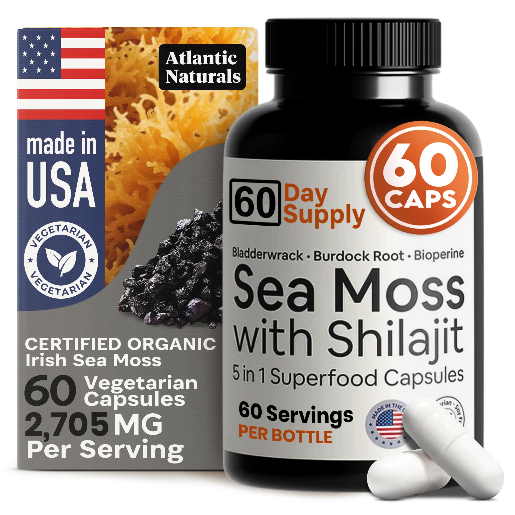 Atlantic Naturals mousse marine et shilajit, bouteille, intégration facile à la routine.