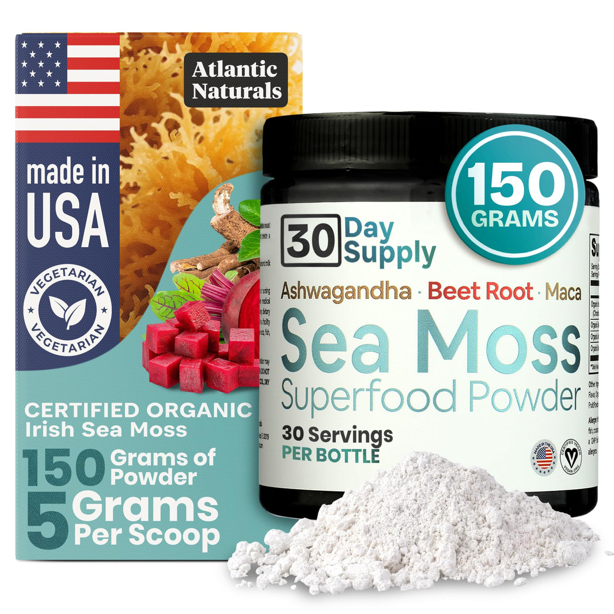 Atlantic Naturals Poudre Sea Moss Vanille dans un bol prêt pour smoothie, bénéfices potentiels.
