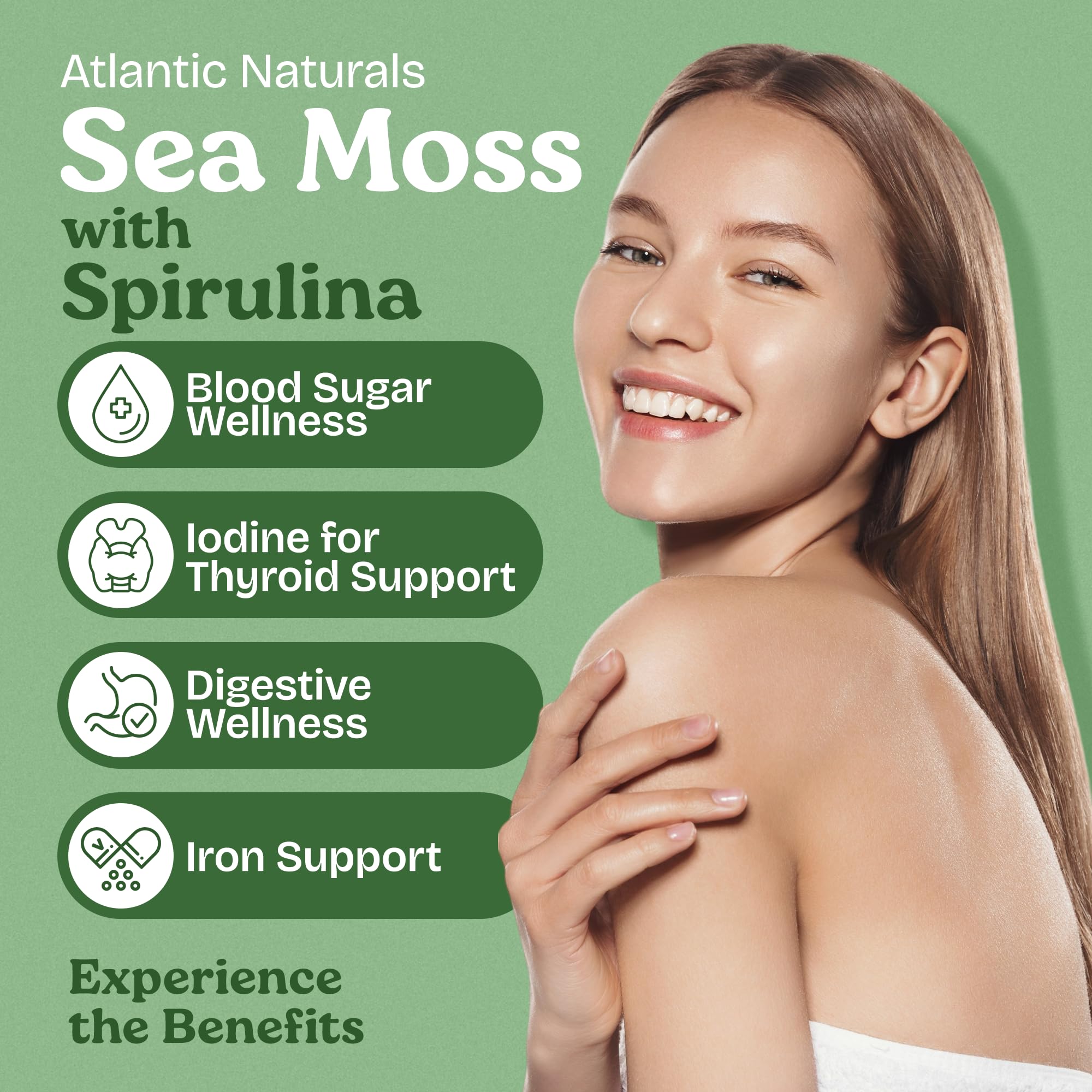 Capsules Sea Moss Spiruline en gros plan, faciles à intégrer à la routine matinale