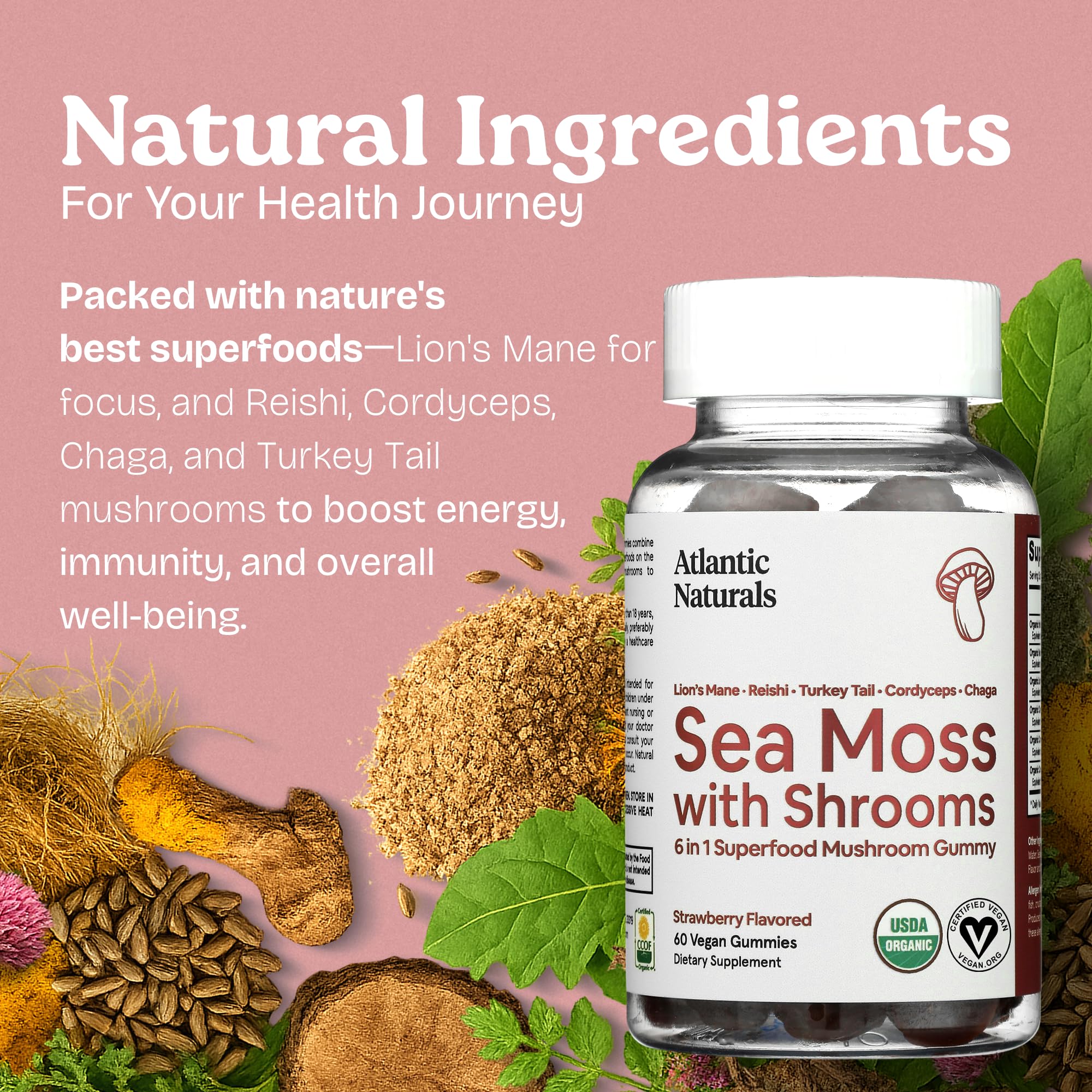 Atlantic Naturals gommes-seamoss-bouteille-etiquette, packaging pratique et informatif.