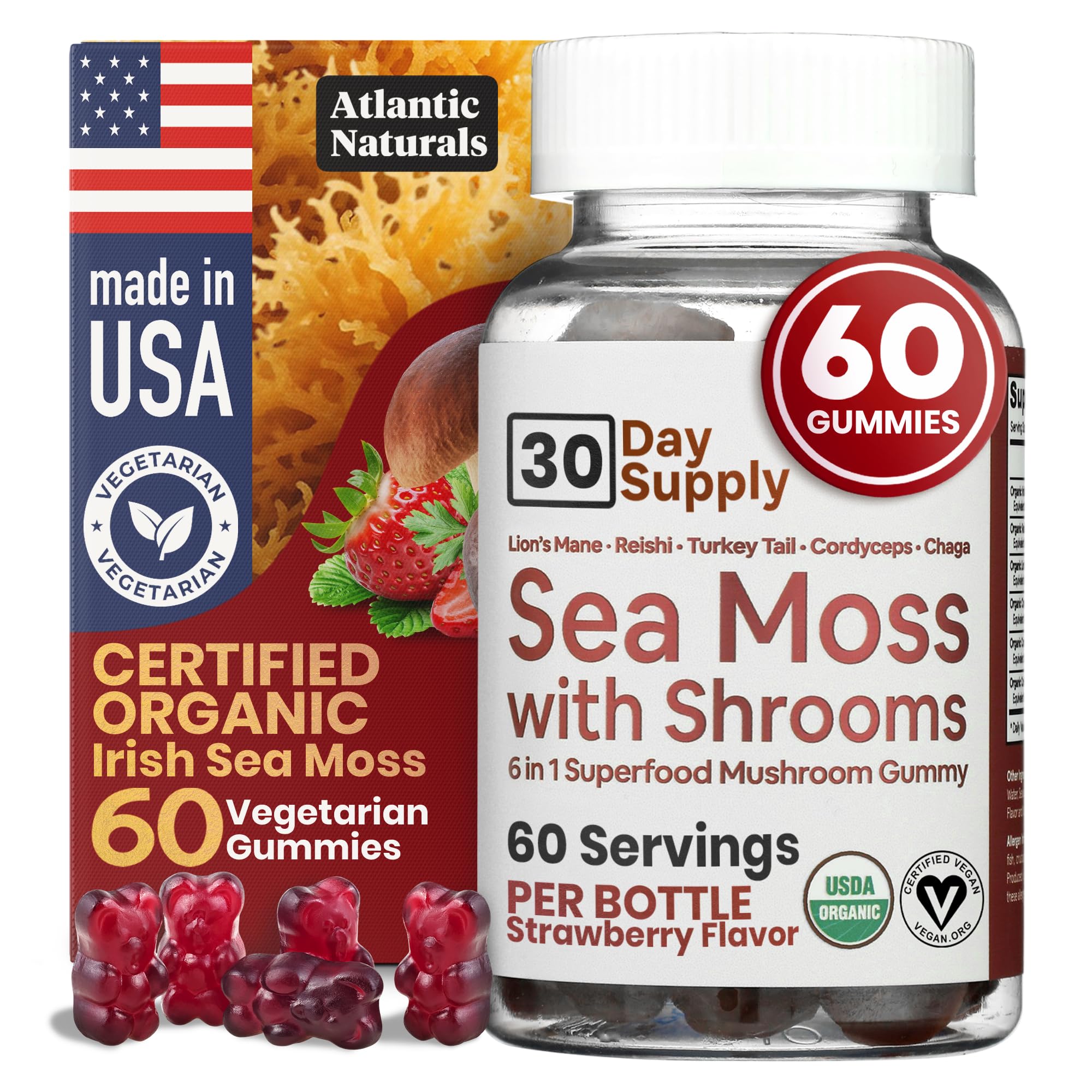 Atlantic Naturals gommes-seamoss-criniere-de-lion en flacon, pratique pour énergie soutenue.