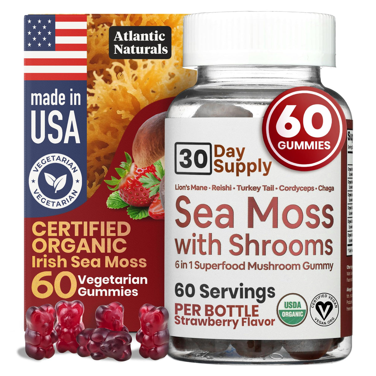 Atlantic Naturals gommes-seamoss-criniere-de-lion en flacon, pratique pour énergie soutenue.