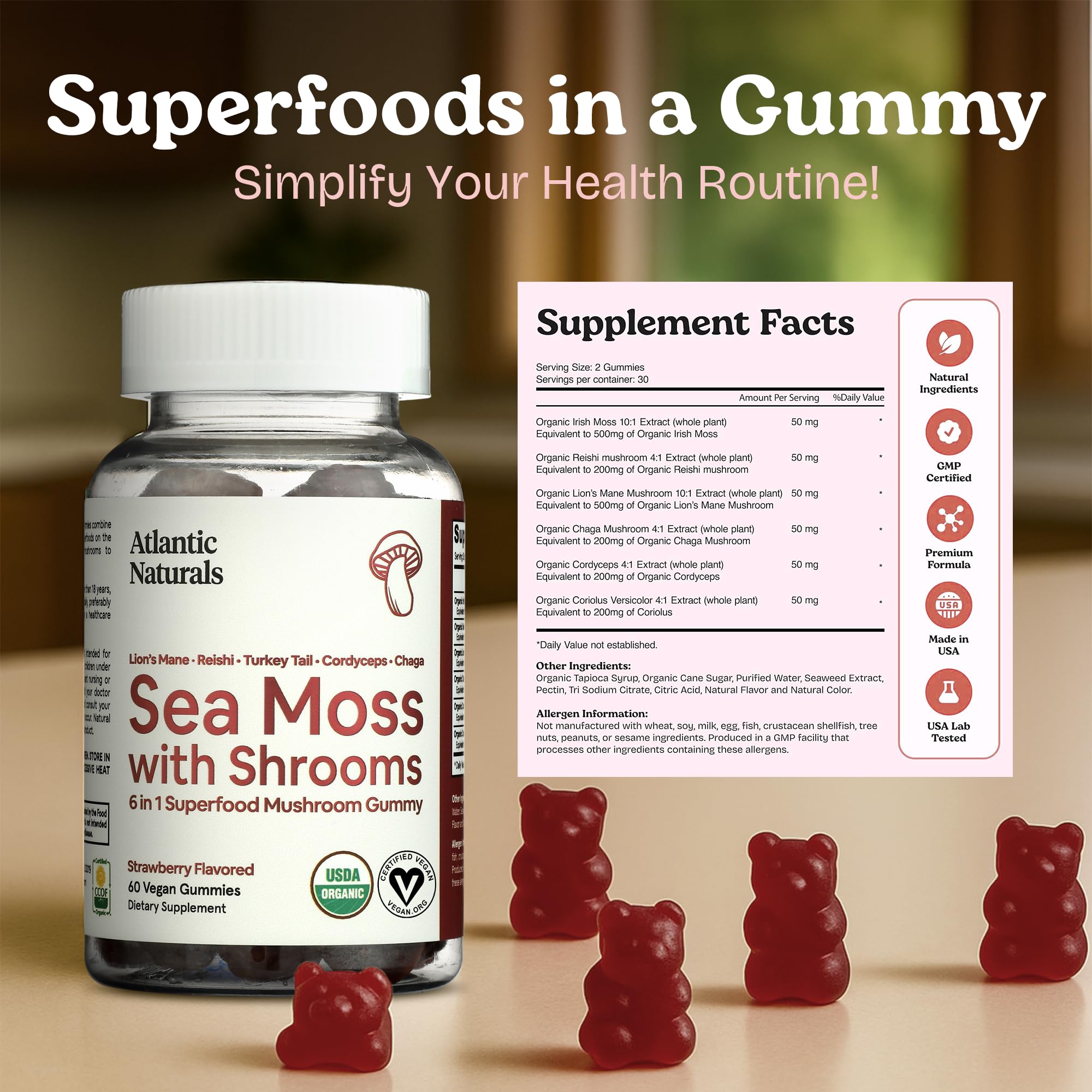 Atlantic Naturals gommes-seamoss-reishi-cordyceps illustration des champignons pour soutien naturel.