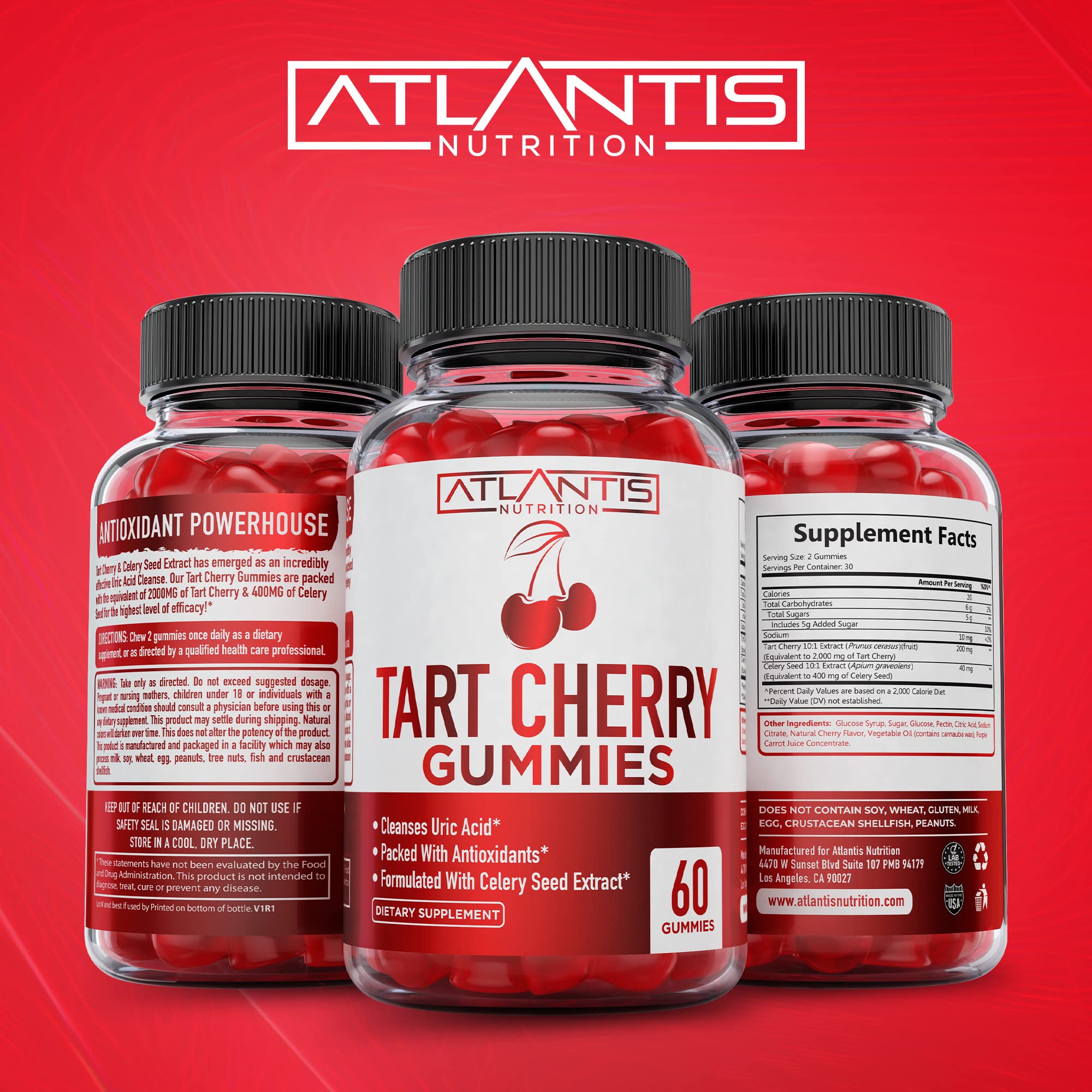 Emballage extérieur Atlantis Nutrition Gommes Cerise Tart, présentation claire sans additifs.