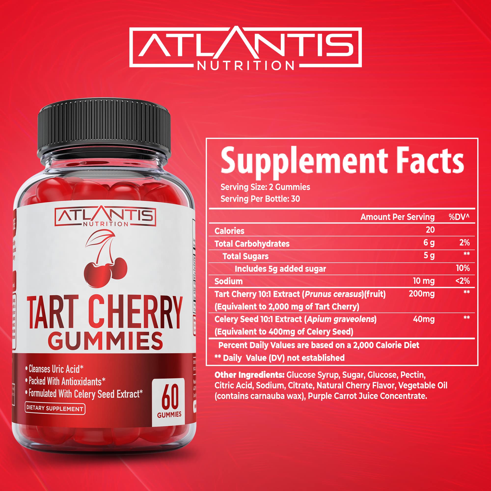 Étiquette Atlantis Nutrition Cerise Tart affichant extrait Céleri et ingrédients.