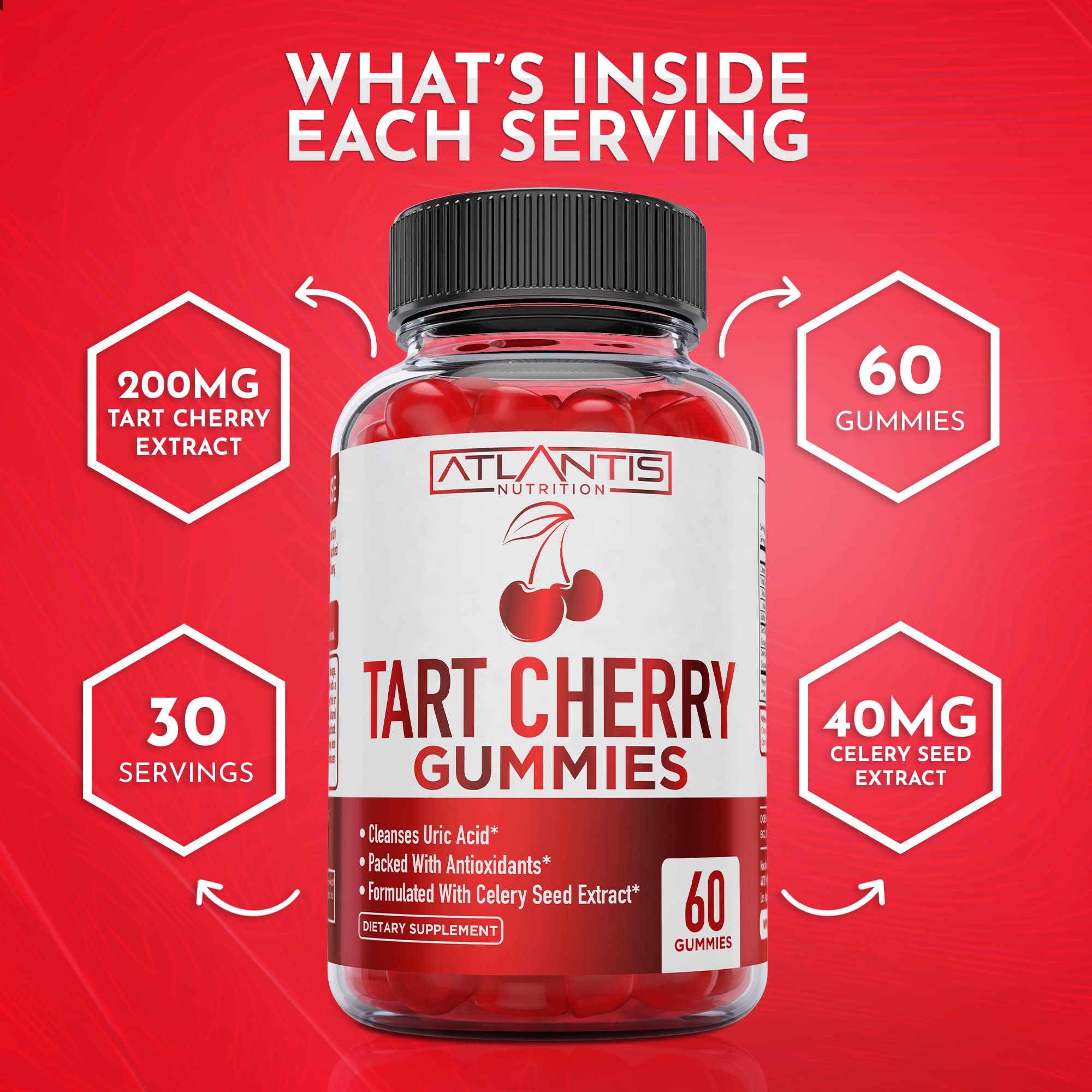 Produit fabriqué aux États-Unis par Atlantis Nutrition, gommes Cerise Tart prêtes à l'emploi.