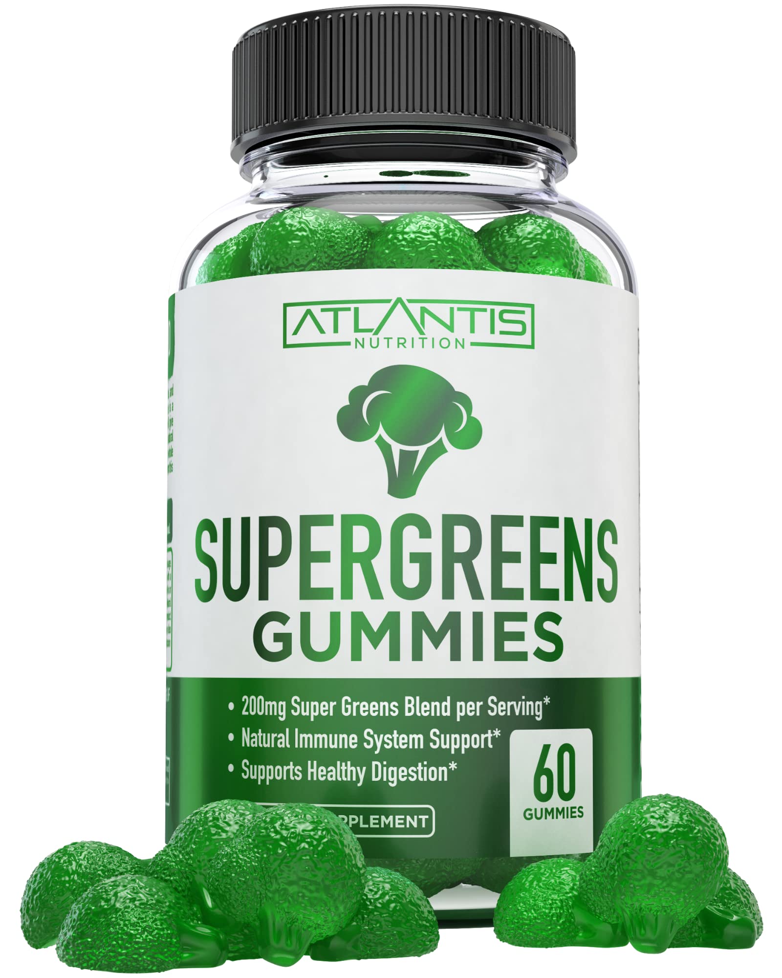 Atlantis Nutrition, bouteille de gommes vertes, format pratique pour l’immunité.