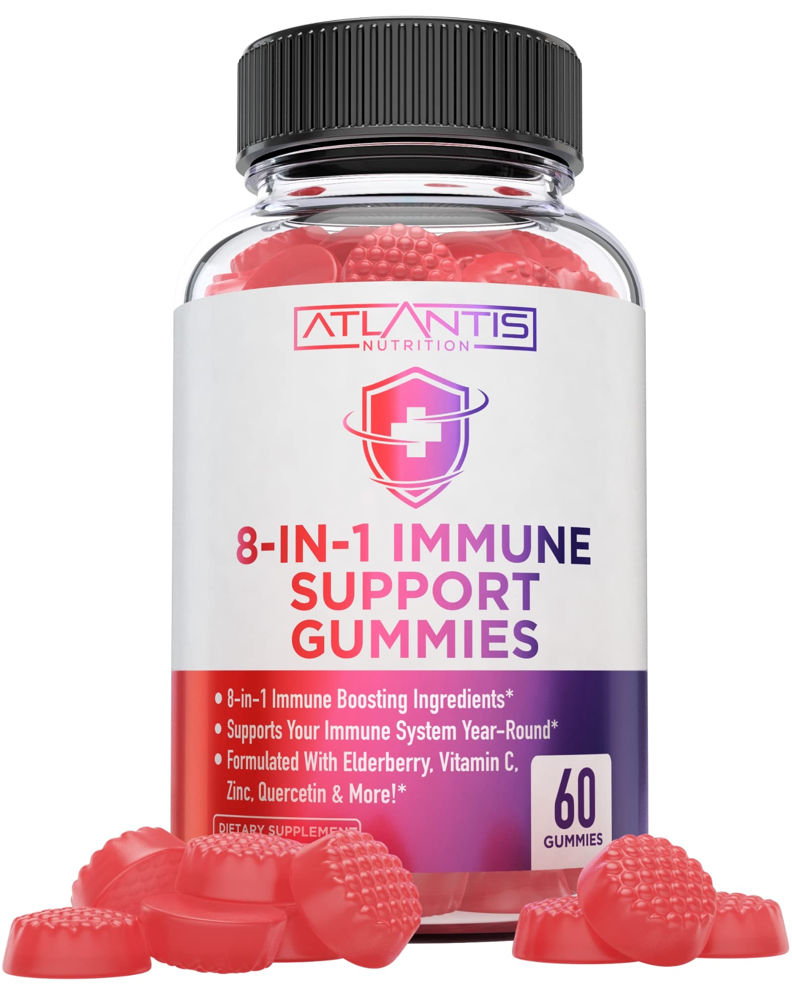 Atlantis Nutrition gommes immunité 8-en-1 en bouteille, soutien quotidien.