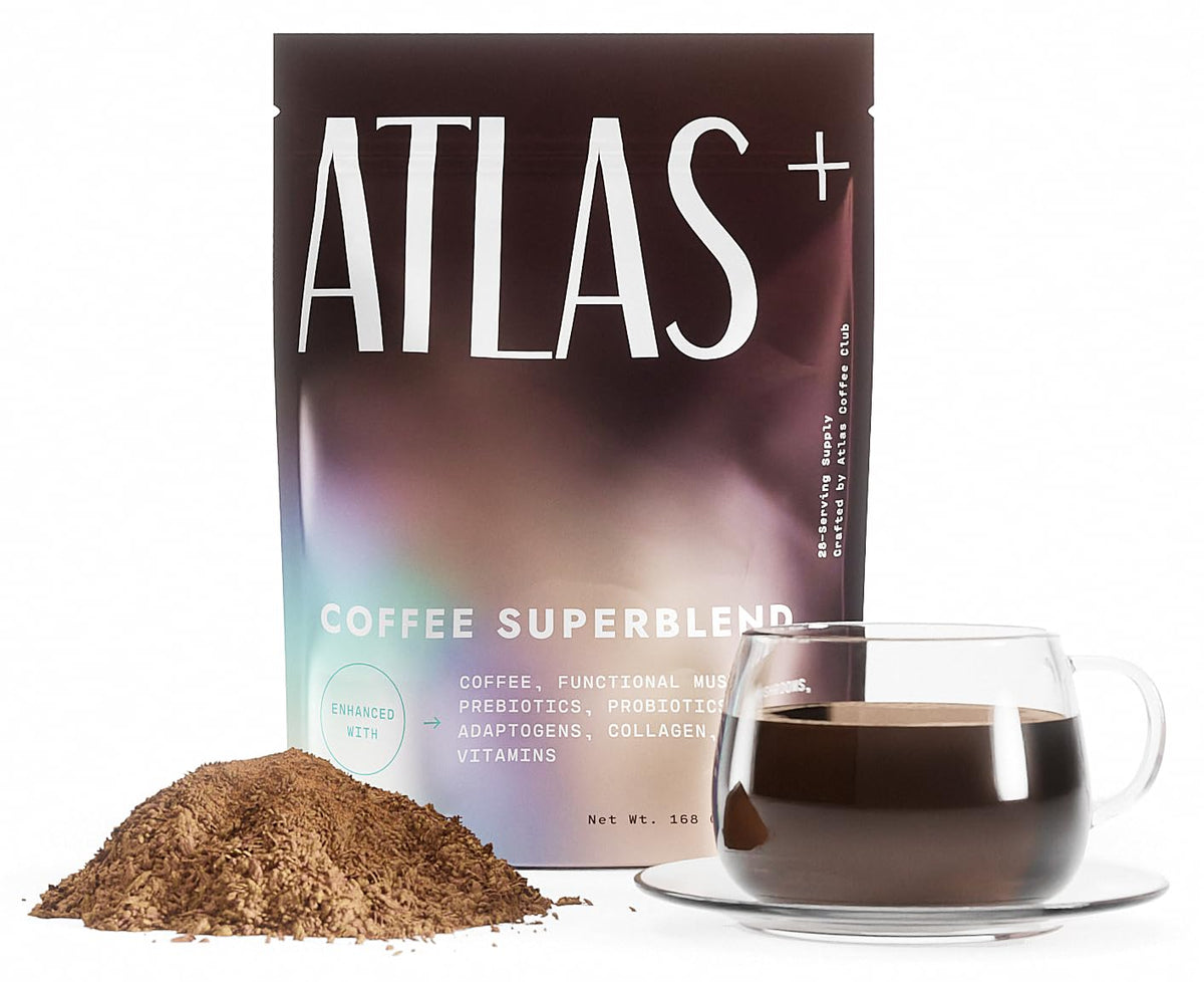 Atlas+ Café Superblend emballage principal, énergie naturelle et arôme riche.