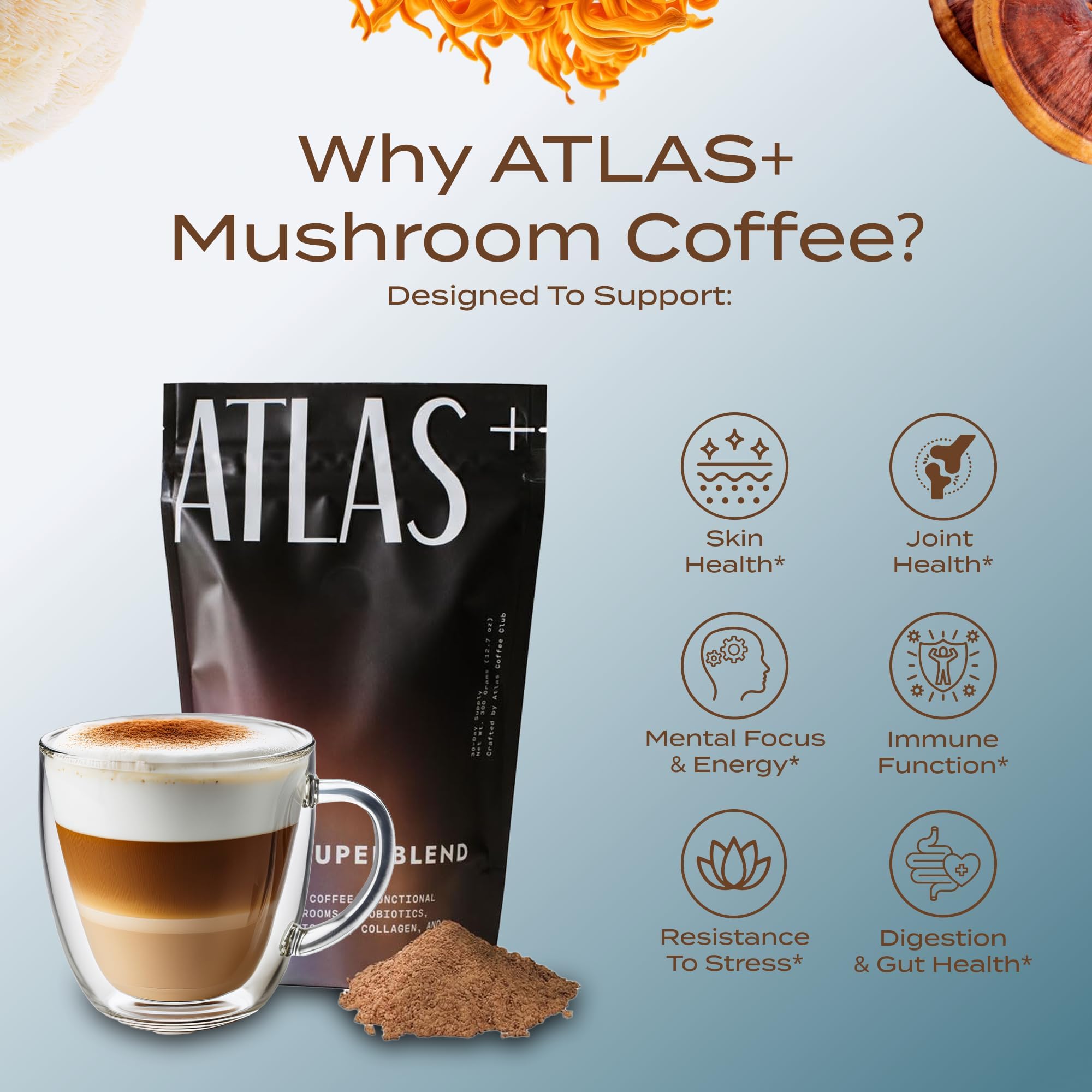 Atlas+ Café Superblend tasse prête à déguster, boisson chaude et concentrée.