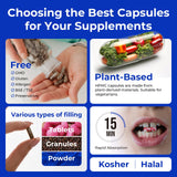 ATLEMISME capsules-vide-hpmc-vegetales: composition végétale adaptée aux régimes Kosher et Halal.