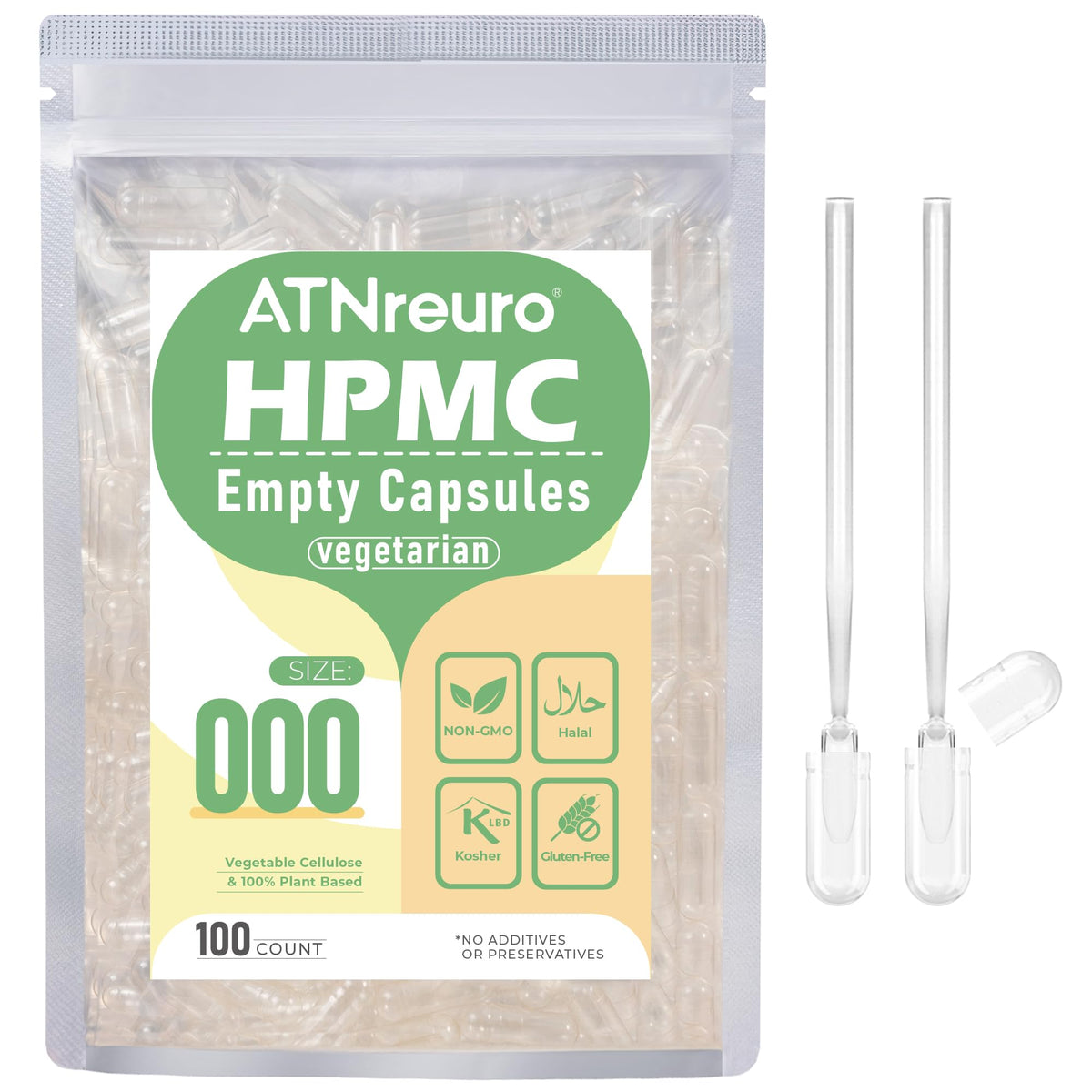 ATNreuro: capsules véganes vides avec deux micro-cuillères pour dosage précis
