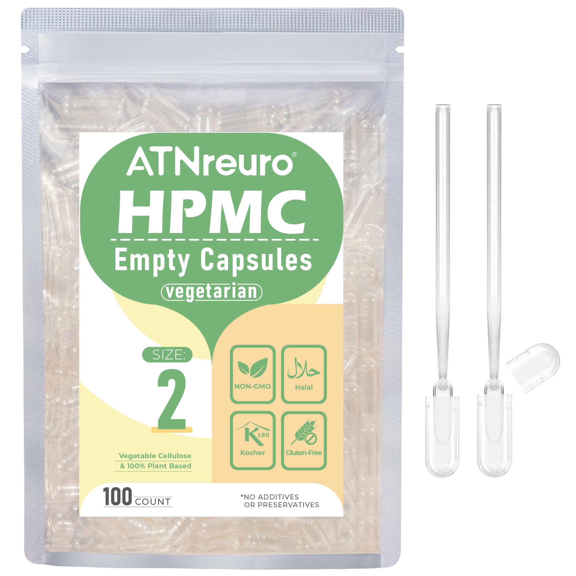 ATNreuro gelules vegetales taille 2 en flacon, capsules vides adaptées au régime végétarien.