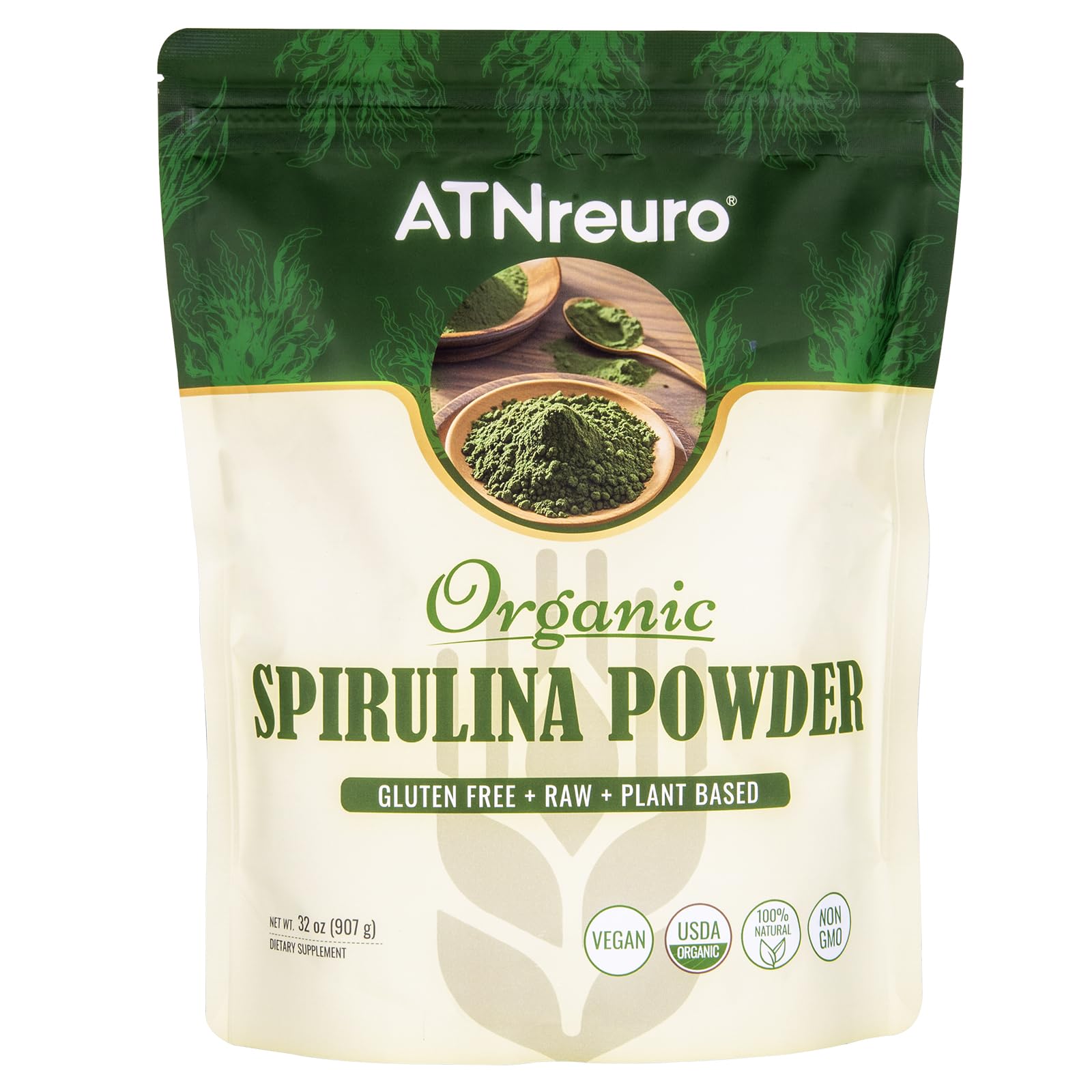 ATNreuro Spiruline organique poudre – dosage et verre doseur, soutient l'énergie naturelle.