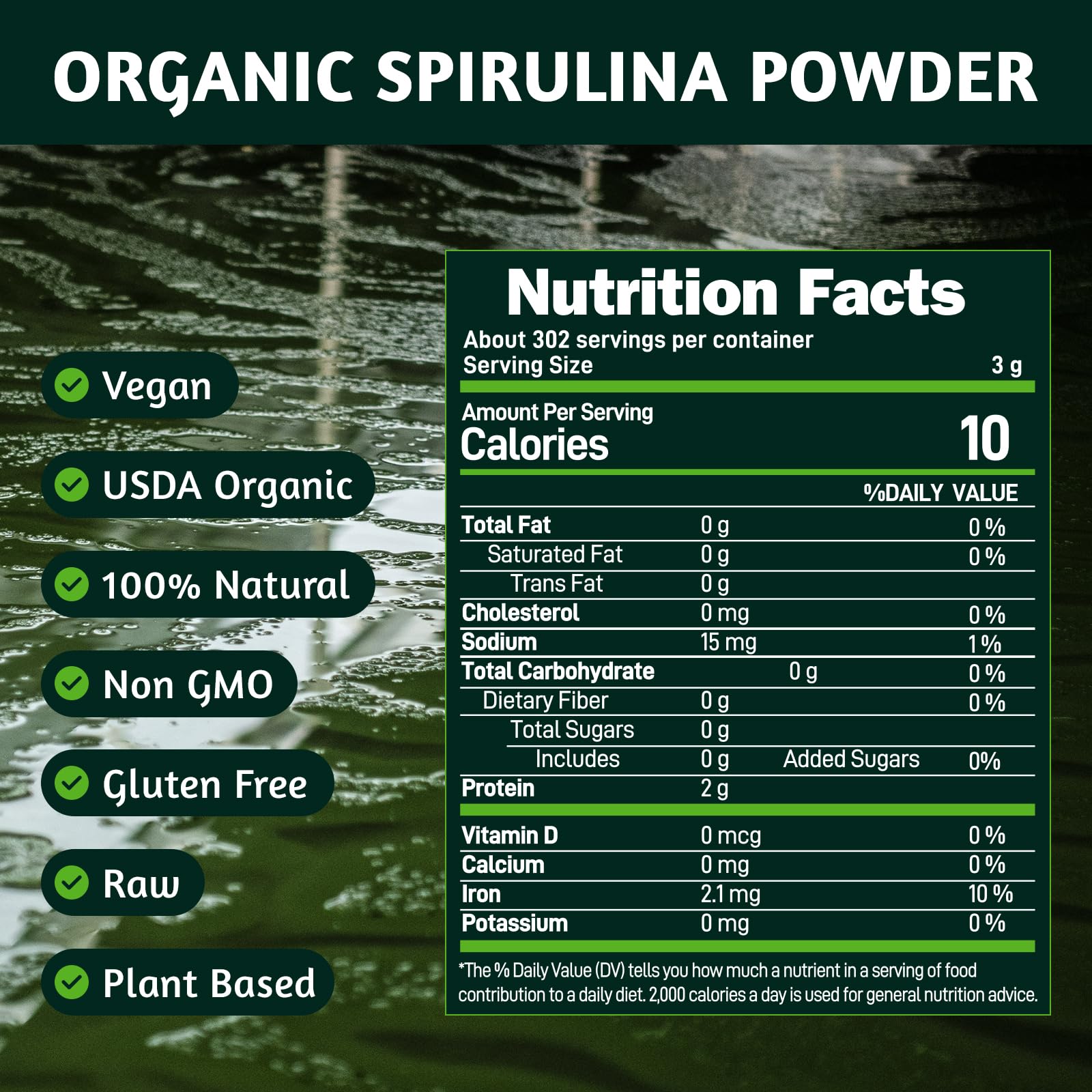 ATNreuro Spiruline organique poudre sans gluten, adaptée aux régimes végétaliens.