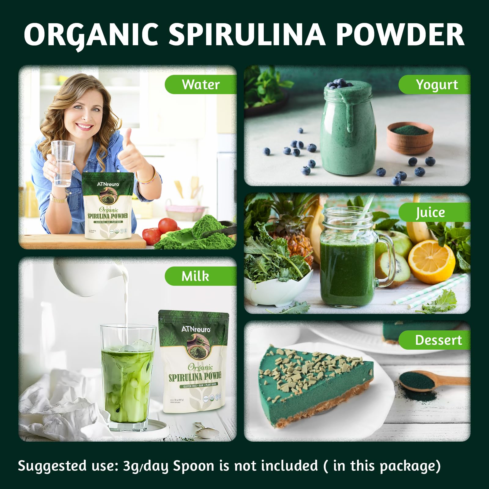 ATNreuro Spiruline organique poudre pour smoothies, facile à mélanger, énergie légère.