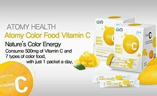 Mélange ATOMY Colorfood Vitamine C dans smoothie, texture homogène.
