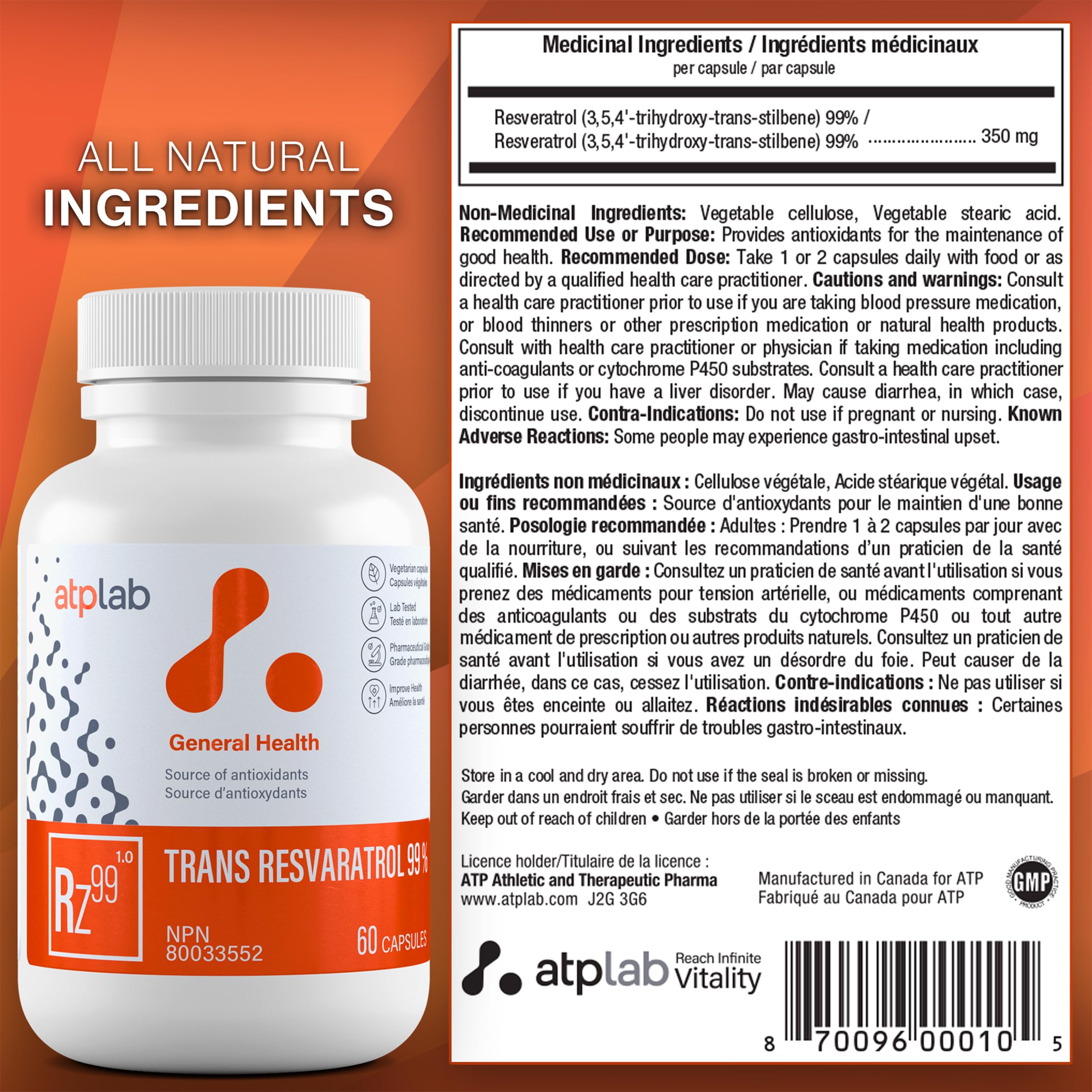 ATP LAB Trans Resveratrol: produit sans OGM adapté à divers régimes