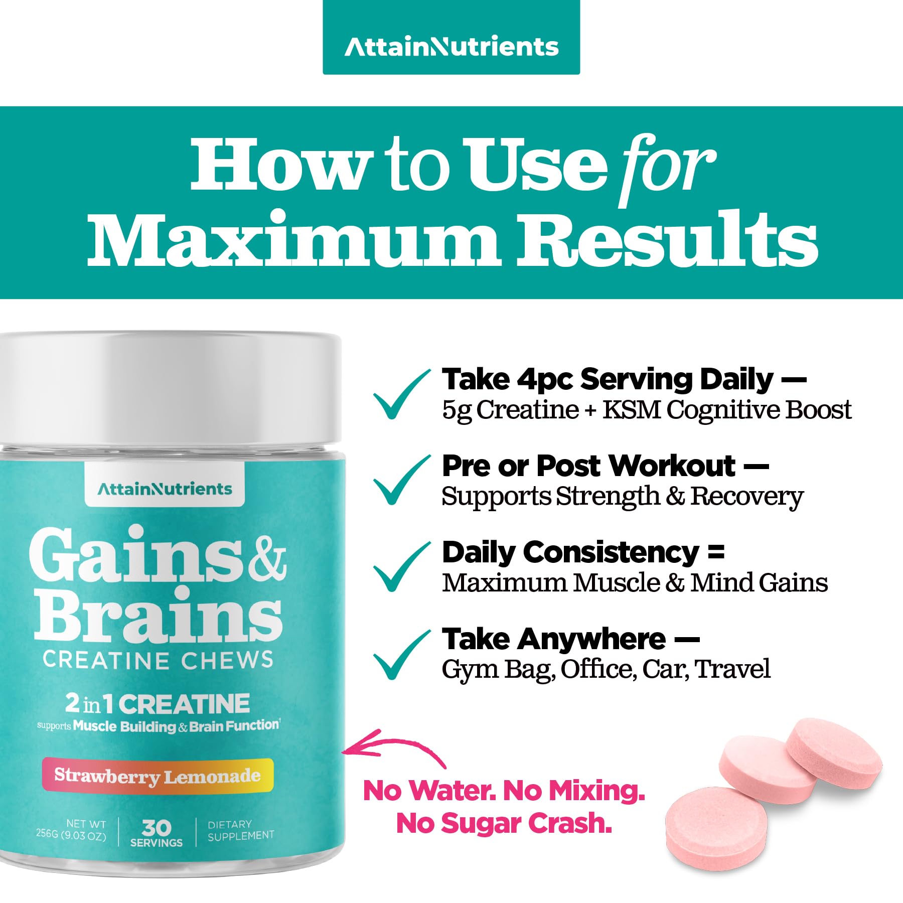 Attain Nutrients Creatine Chews – ashwagandha-ksm-66 intégré pour récupération et concentration