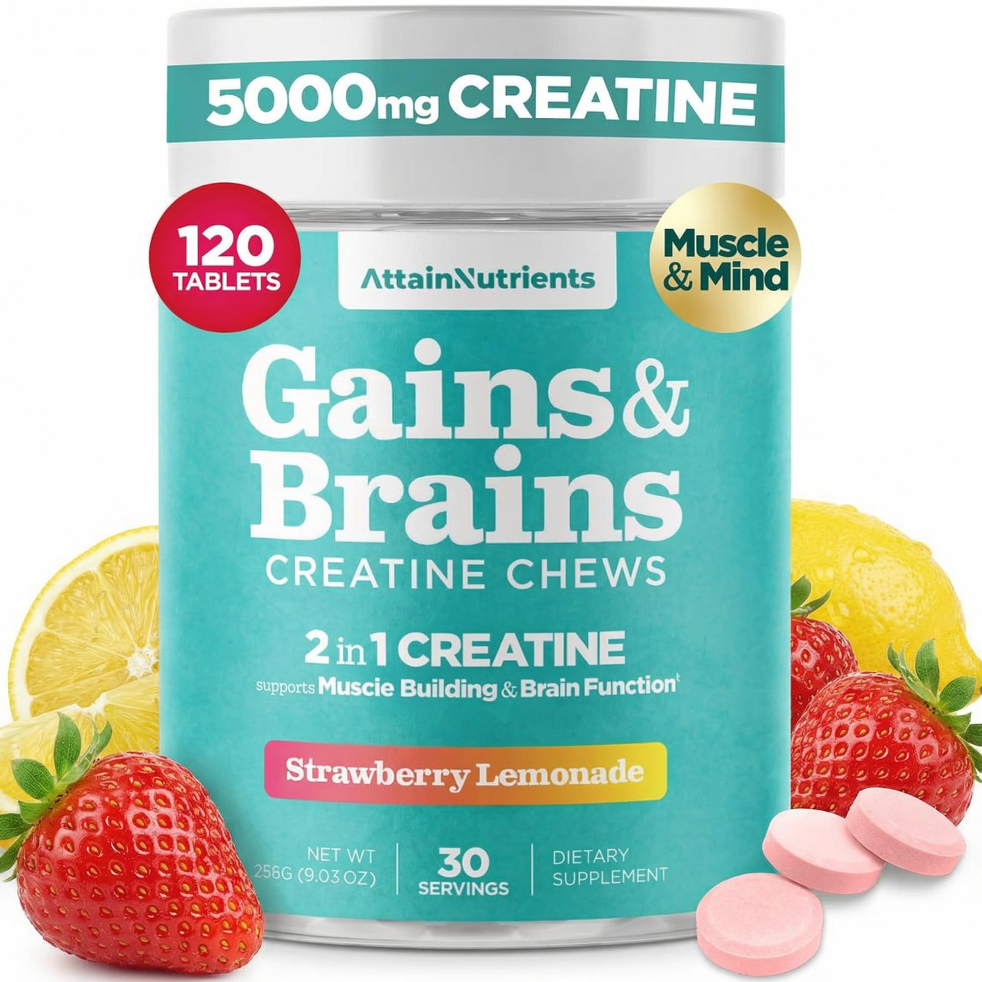 Attain Nutrients Creatine Chews – bouteille fermée, pratique pour l'entraînement quotidien sans sucre