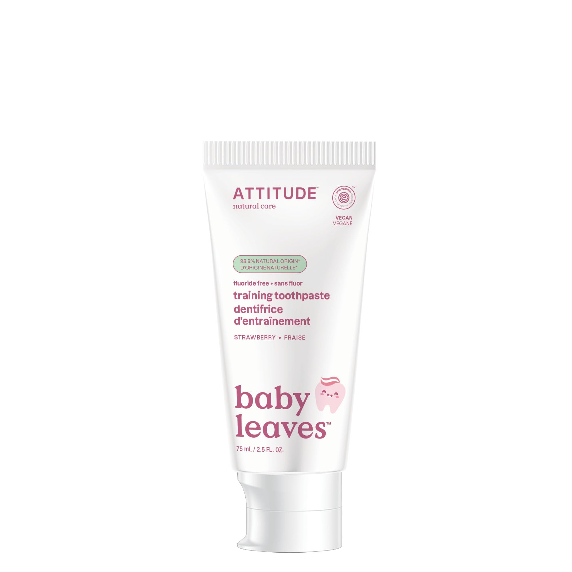 ATTITUDE dentifrice bébé sans fluor fraise avec emballage recyclable durable.