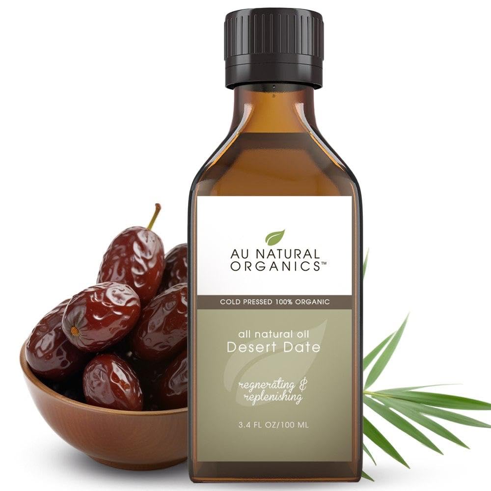 Huile Desert Date d’Au Natural Organics dans la bouteille, hydratation et éclat naturel.