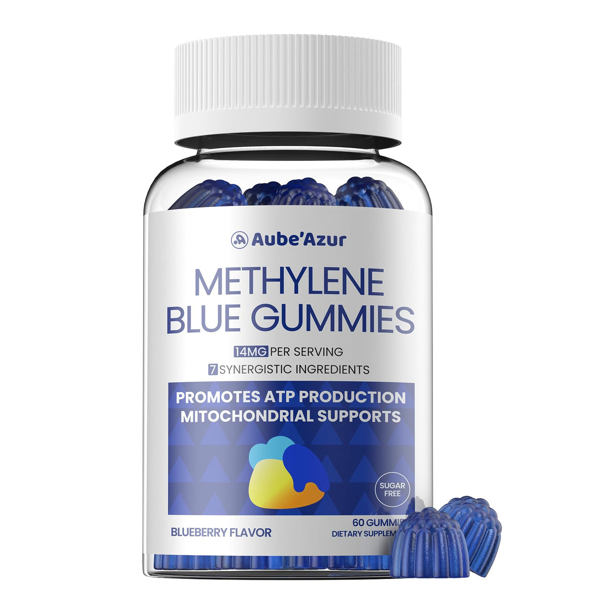 Gomme Methylene Blue Aube'Azur sur le flacon, soutien potentiel à la concentration.