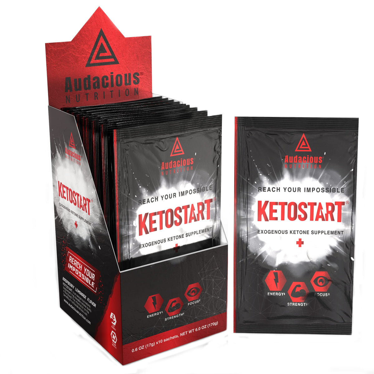 Sachets pratiques Audacious Nutrition Ketostart+ pour énergie rapide en déplacement