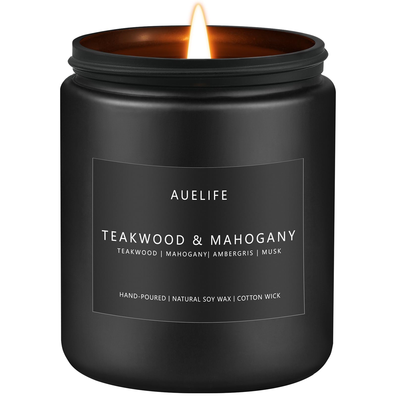 Auelife Bougie Teck Acajou dans jarre noire pour une ambiance chaleureuse durable.