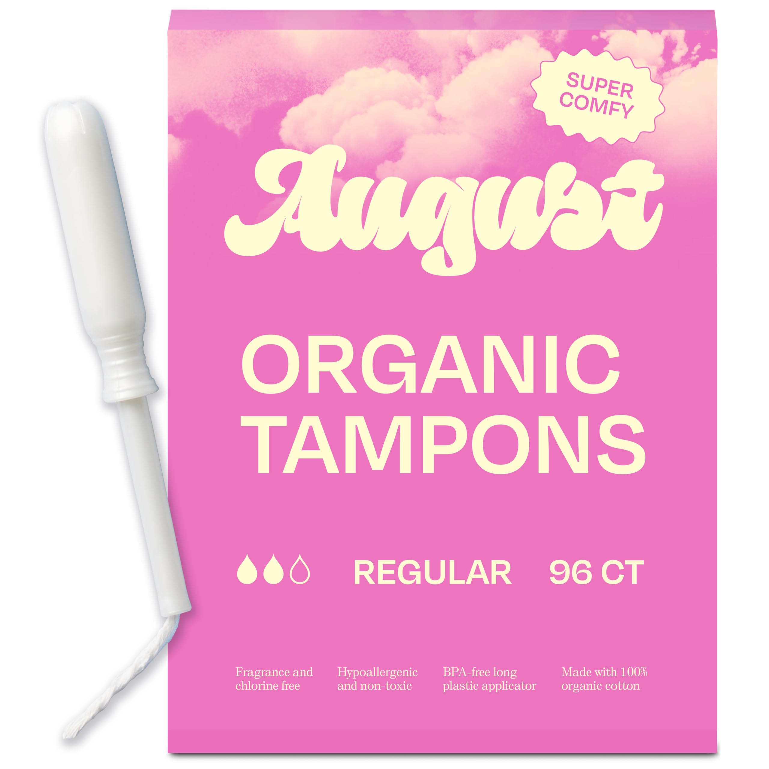 Tampons August coton biologique avec applicateurs longs facilitant l'insertion.