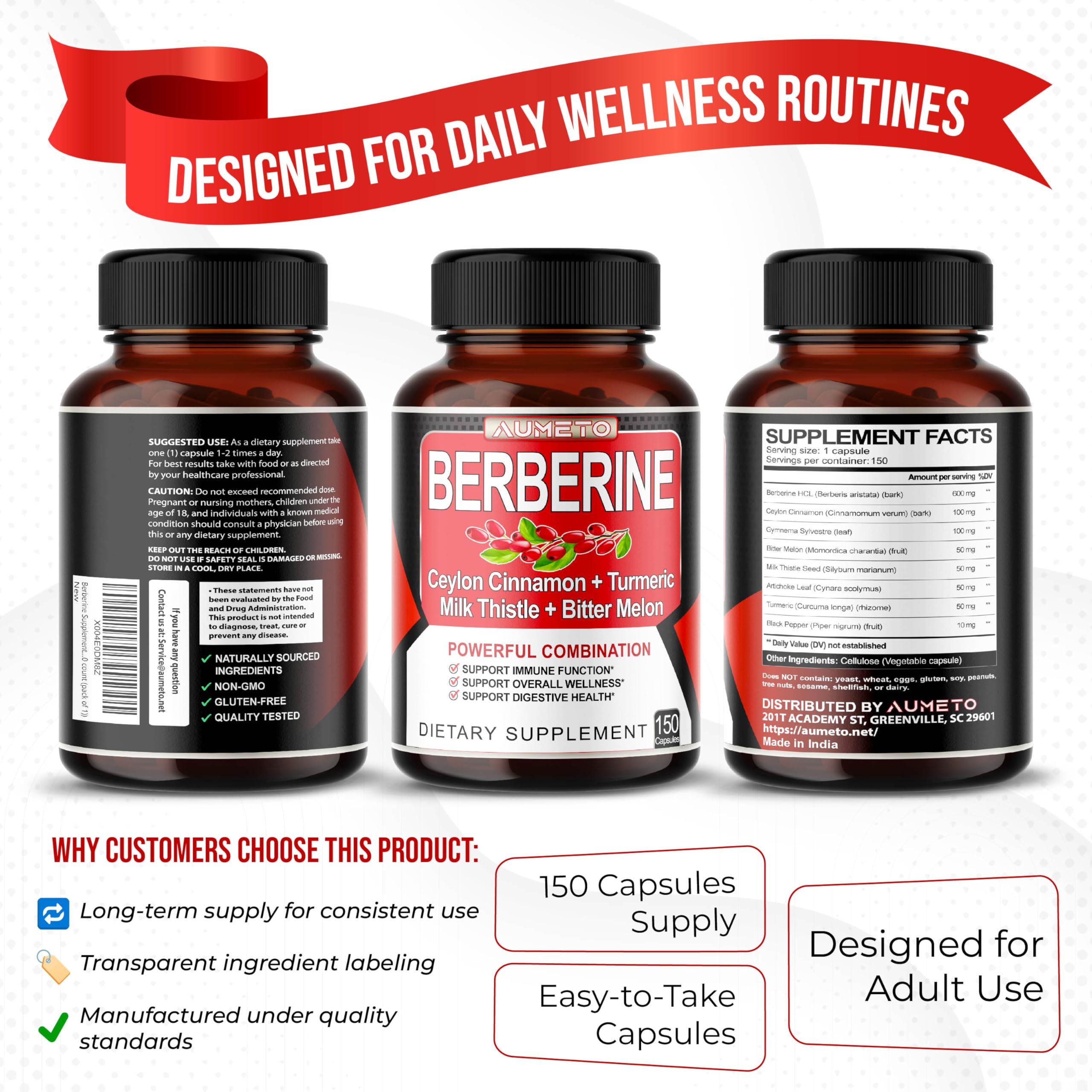 Pack de 150 capsules AUMETO Berberine pour une cure pratique.