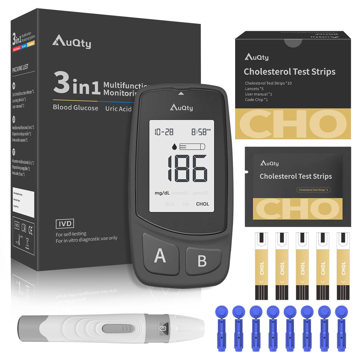 Kit AuQty cholestérol 3 en 1 pour test rapide à domicile.