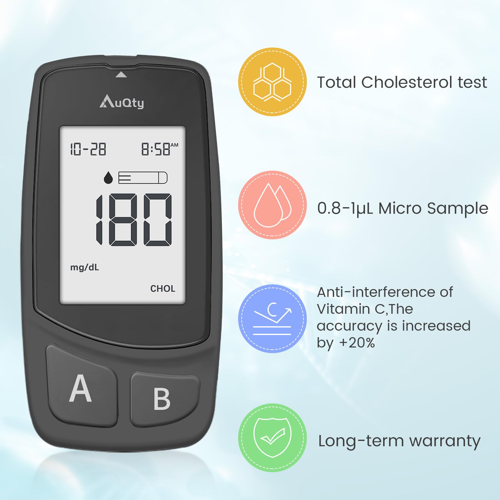 Moniteur 3 en 1 AuQty mesure cholestérol, glucose et acide urique.
