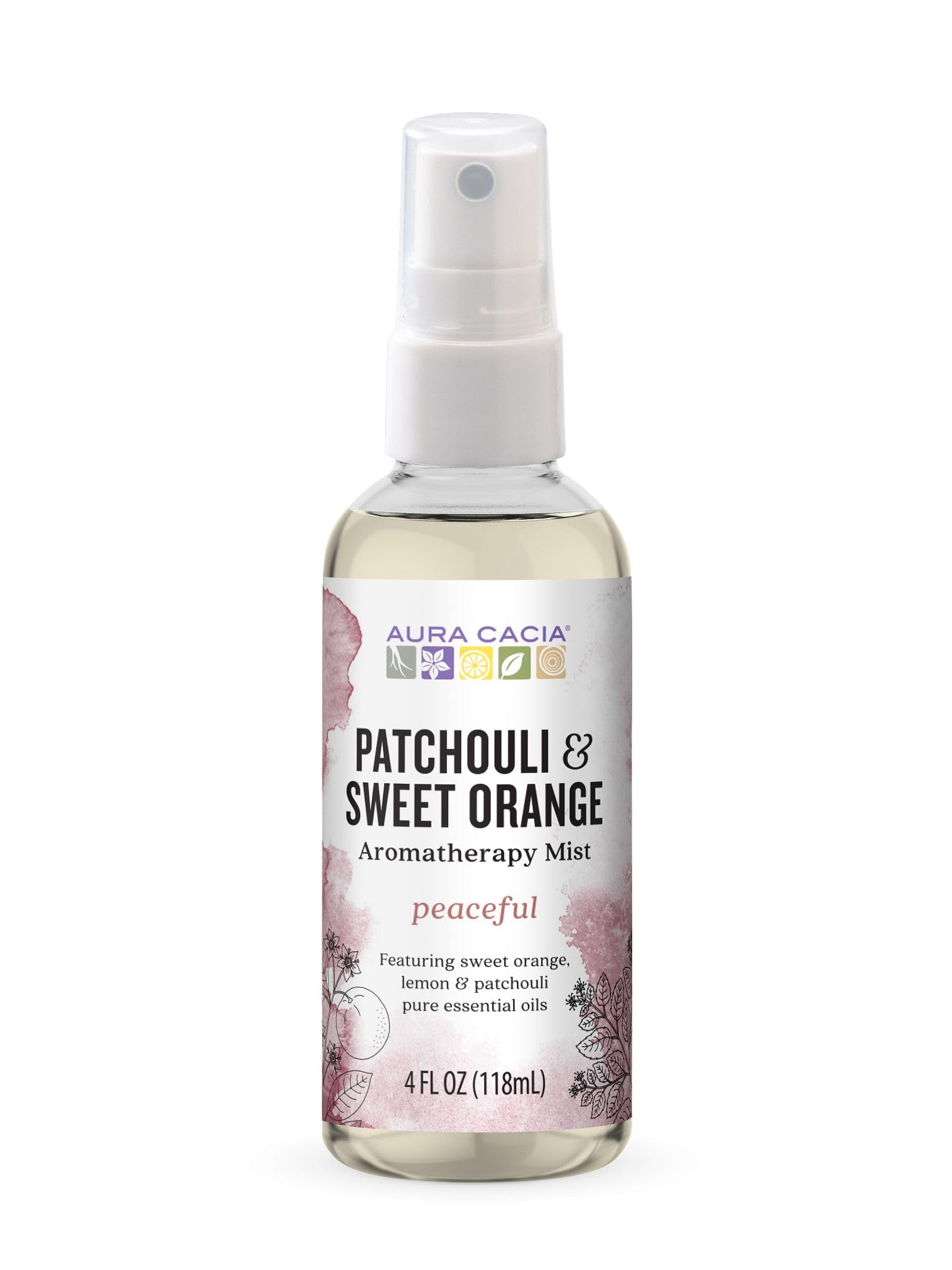 Aura Cacia brume patchouli-orange, bouteille d'aromathérapie pour revitaliser l'ambiance.
