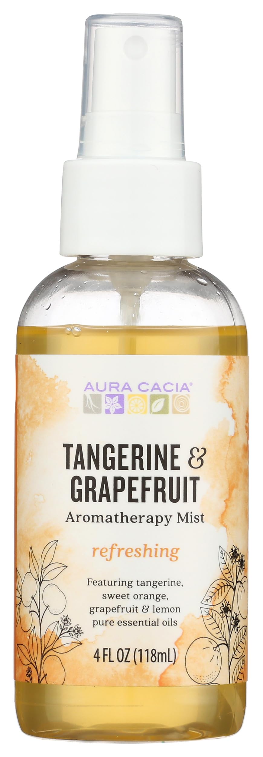 Aura Cacia brume aromathérapie Tangerine et Pamplemousse sur flacon aluminium 4 oz pour ambiance rafraîchissante.