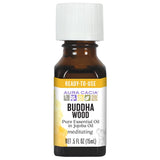 Aura Cacia Buddha Bois — bouteille d'huile jojoba, parfum boisé et prêt à l'emploi.