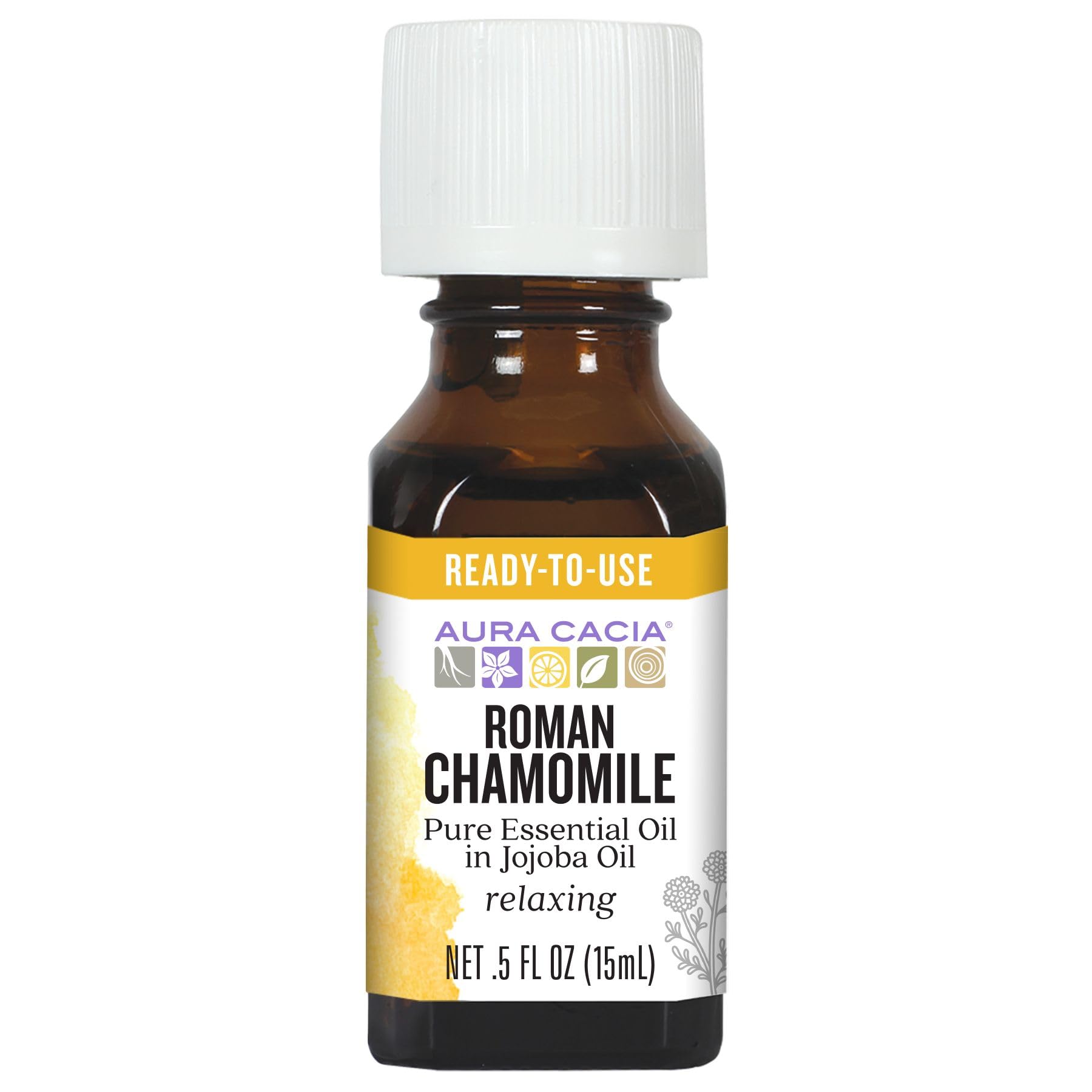 Aura Cacia camomille romaine dans huile de jojoba, flacon elegant pour aromatherapie douce.